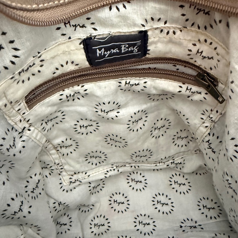 Myra Bag Canvas Leather Patchwork Tote Shoulder Bag Brown Tan Botanical Print - Picture 12 of 12
